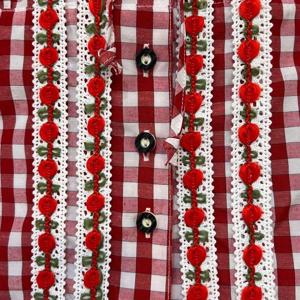 Fuchs Red and White Gingham Crochet Trim Lace-Up Back Off Shoulder Peasant Top - Picture 3 of 12
